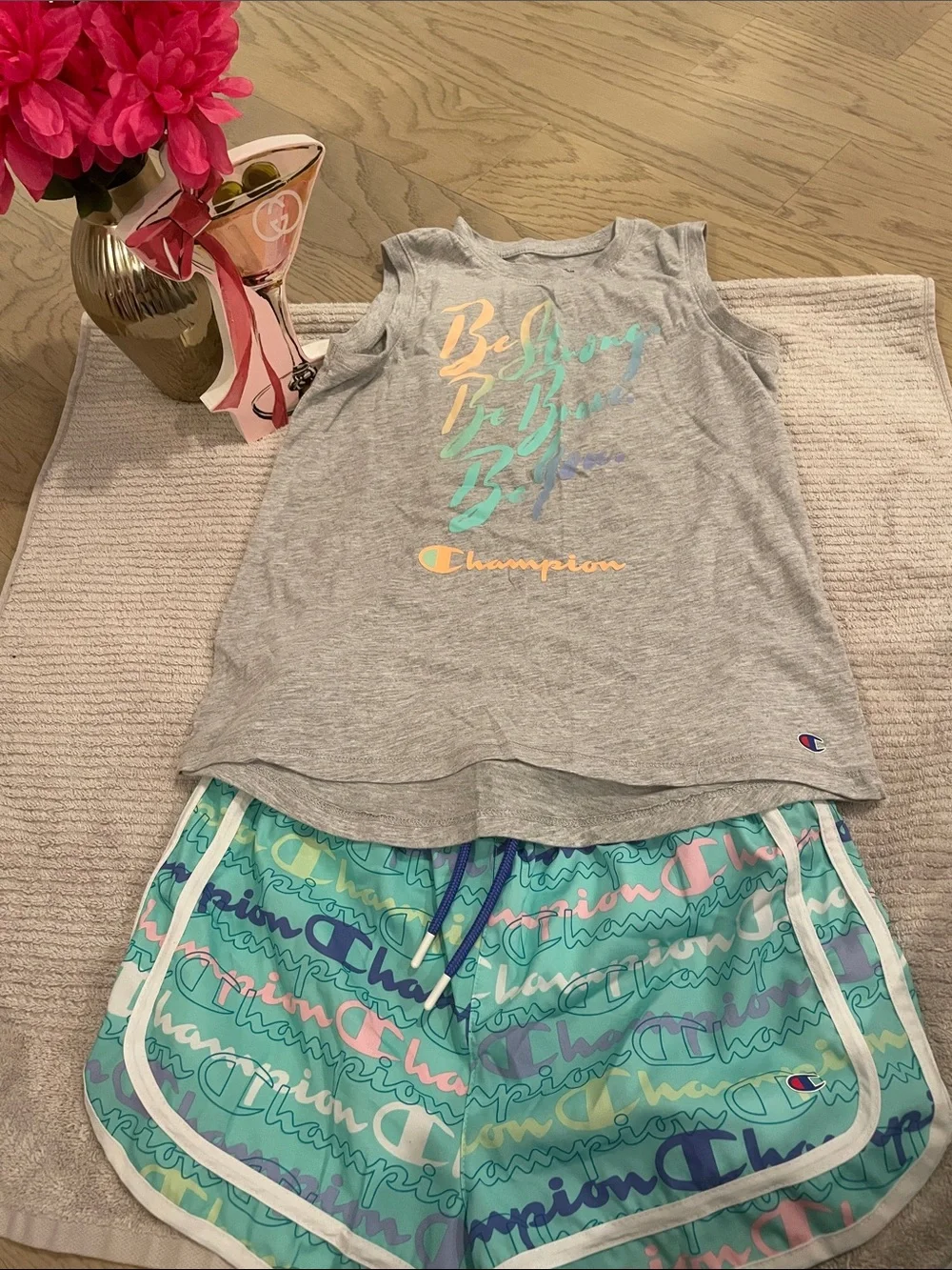 Champion Gray Tank with Turquoise Logo Print Shorts